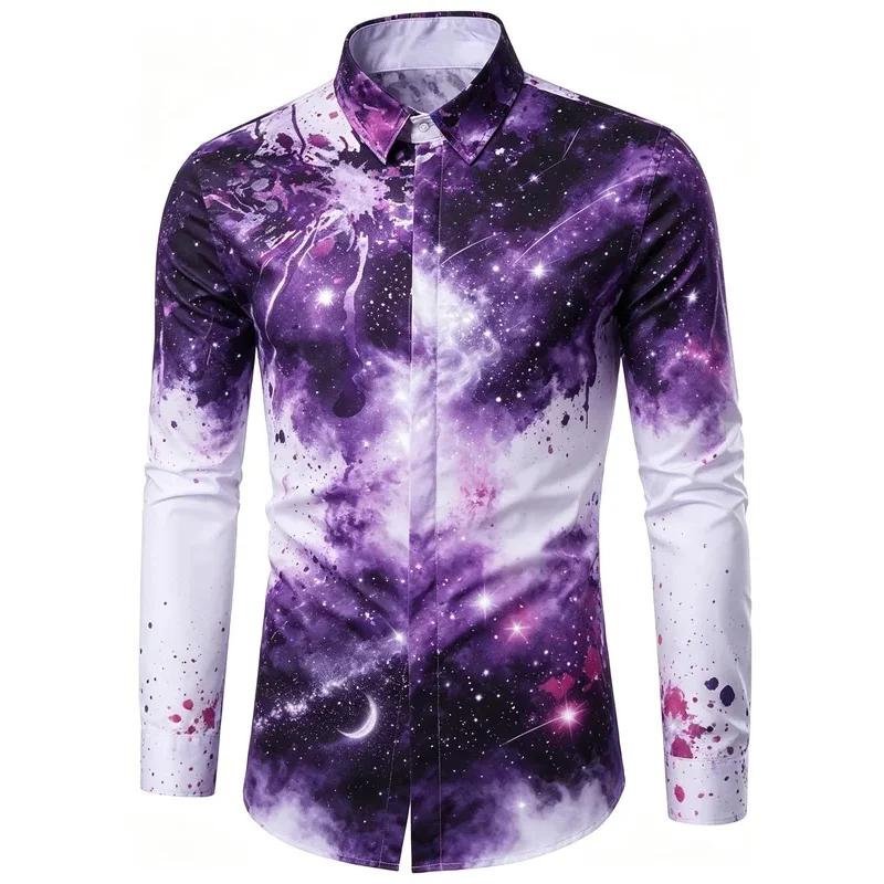 Men's Fire Splash Ink Art Graffiti Print Long Sleeve Shirt Lapel Collar Tops For Nightclub Bar Festival Casual Wear