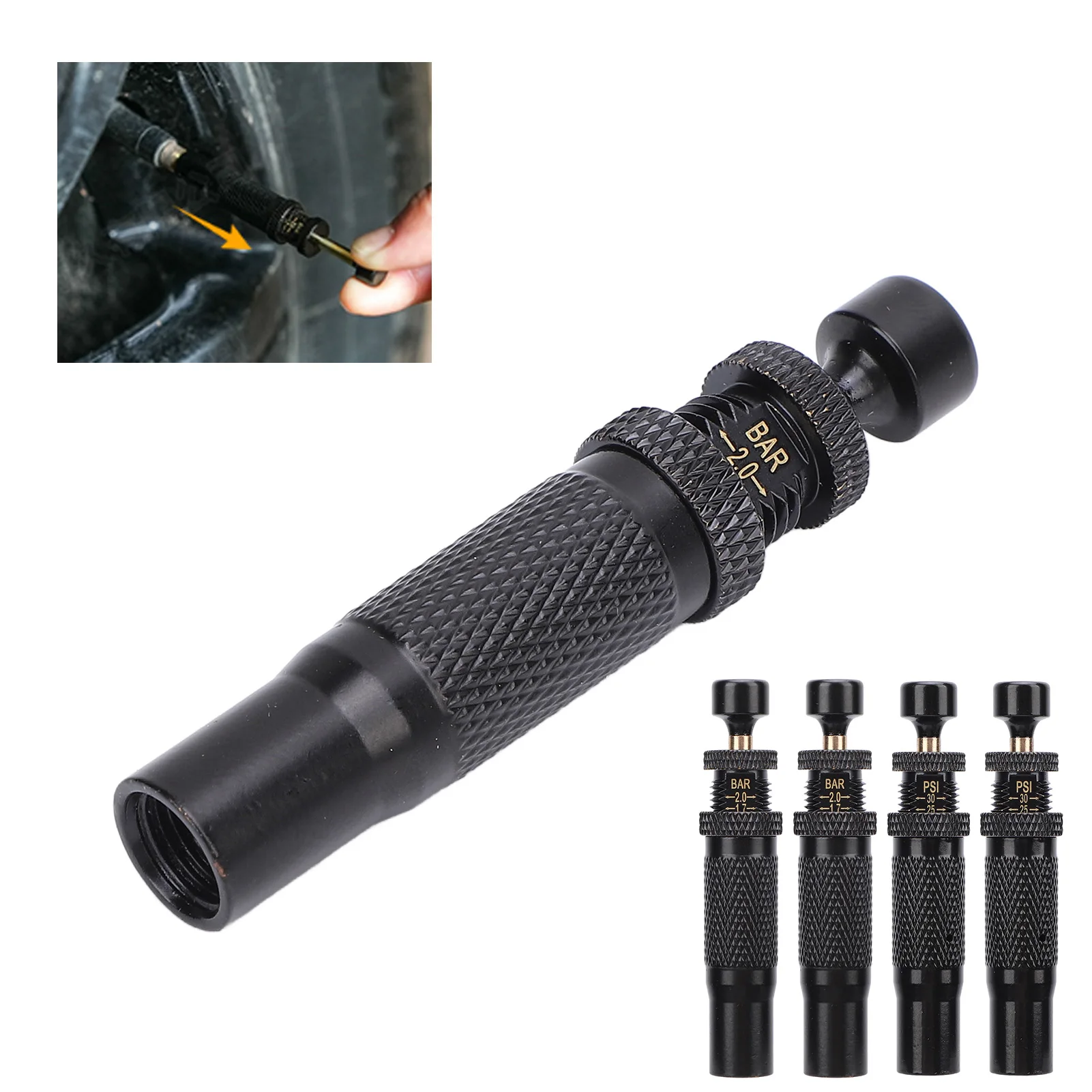 

Комплект из 4 регулируемых клапанов для спуска давления в шинах (10-30 PSI) с прозрачным дисплеем и долгим сроком службы для внедорожников 4x4
