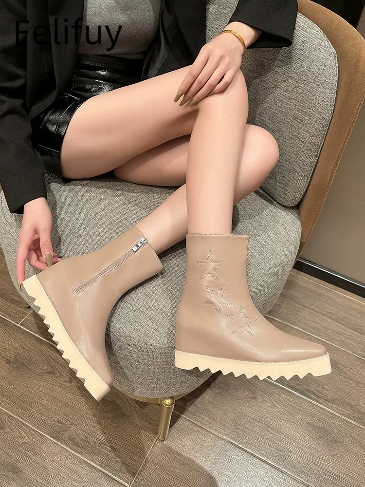 Stars Black Platform Wedge Ankle Boots For Women Zipper Height Increasing Modern Boots Ladies Real Leather Shoes Boots