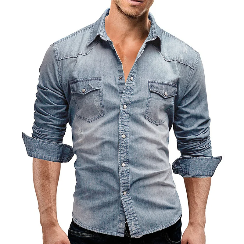 2023 Vintage Long Sleeve Denim Shirt Men Splicing Pocket Single-breasted Cardigan Tops Casual Blouse Youth Male Trend Streetwear