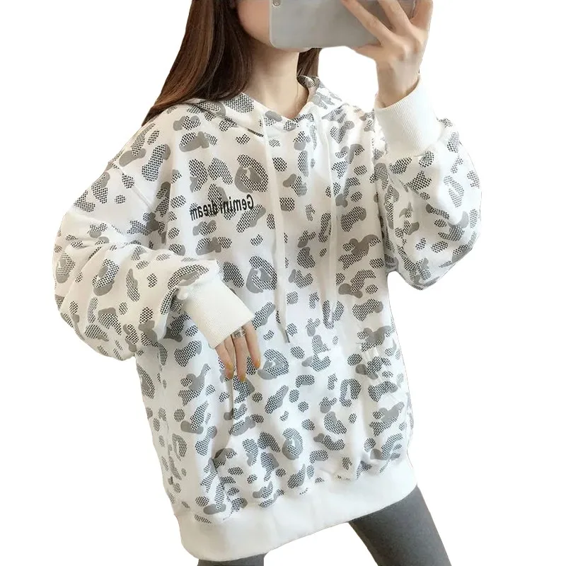 

2022 Spring Autumn New Very Loose Large Size Hoodies Sweatshirt Women Thin Leopard Pullovers Tops Femme Coat