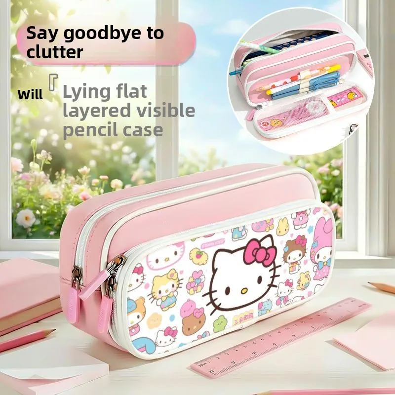 Hello Kitty Inspired 2 Layer Pencil Pouch Kawaii Anime Character Double Compartment Pen Holder for Markers Rulers Gift wholesale view 5