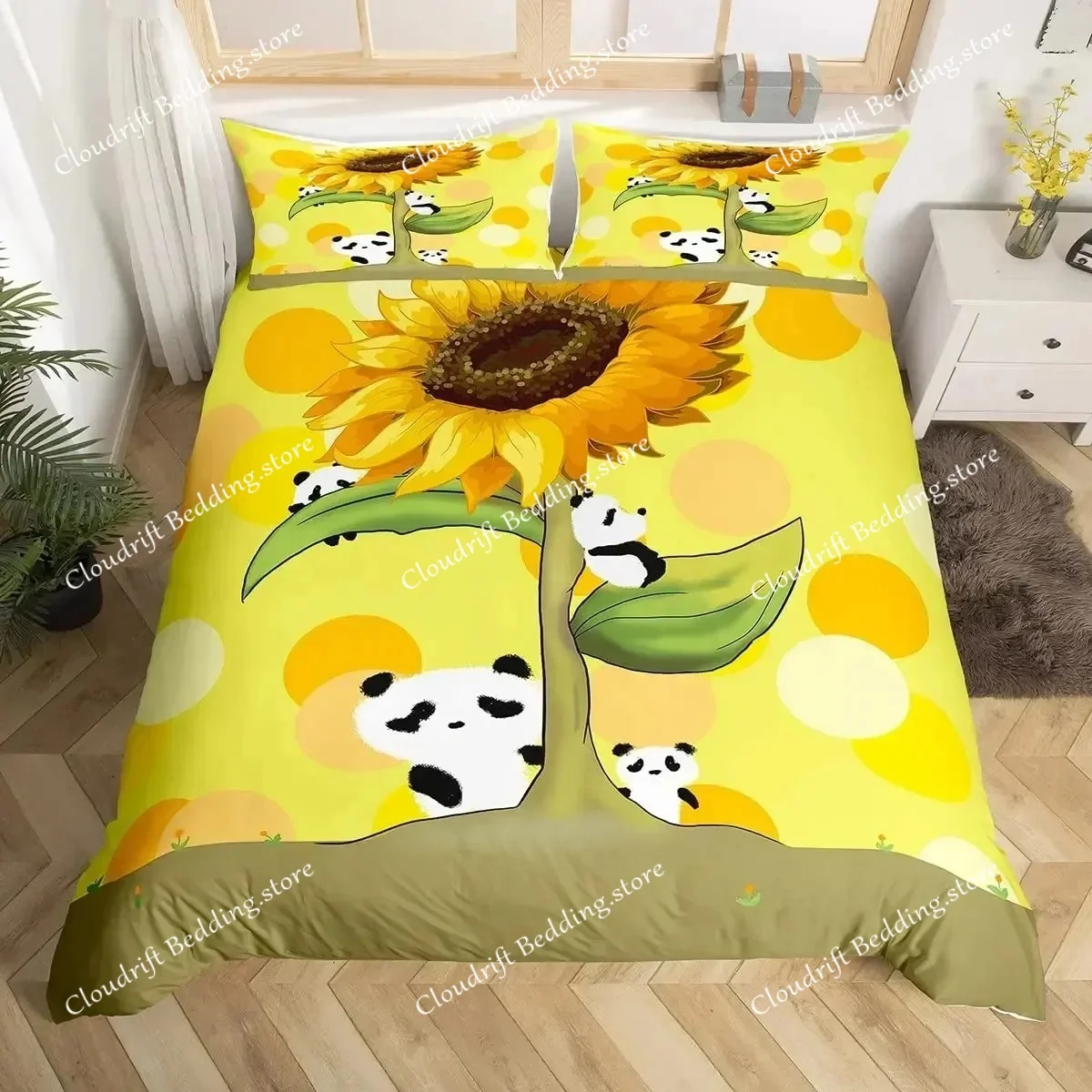 Panda Duvet Cover Set Animal Comforter Polyester Bedding Set with Pillowcases Starry Sky Blue Ultra Soft King Size Quilt Cover