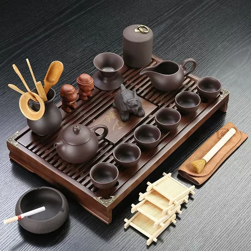 Chinese Teaset Tea Set Yixing Ceramic Kungfu Tea Sets 26pcs Solid Wood Tea Tray Kungfu Tea Set Service