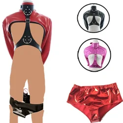 PU Leather Straitjacket Harness Open Cup Chest Belt Sexy Wet Look Chastity Panty with Dildo Plug Costumes Sex Toys Women