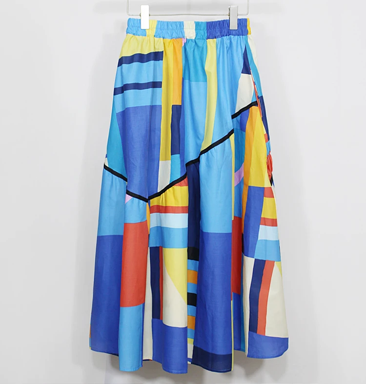 Elastic Waist A-Line New 2023 Summer Korean Style Woman Long Blue Printed Skirt Pockets Loose Fit Casual Holiday Skirt JJSK031