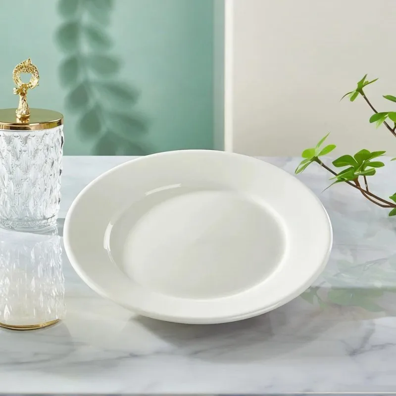 8 inch, plain white bone china flat plate, dishes for restaurant, ceramic serving dish, platter dinnerware