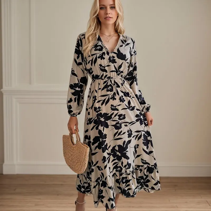 Fashion Printed Women's Dress Elegant V-Neck Flower Waist Long Sleeved Ruffle Edge Dress Vintage Cinched Mid Length Dresses
