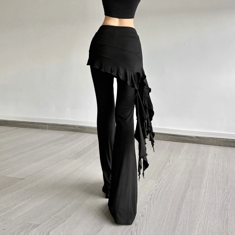 SylCue Satin Surface Patchwork Pant Women High Waist Skinny Hip-Covering Ribbons Asymmetrical Design Street Casual Simple Bottom