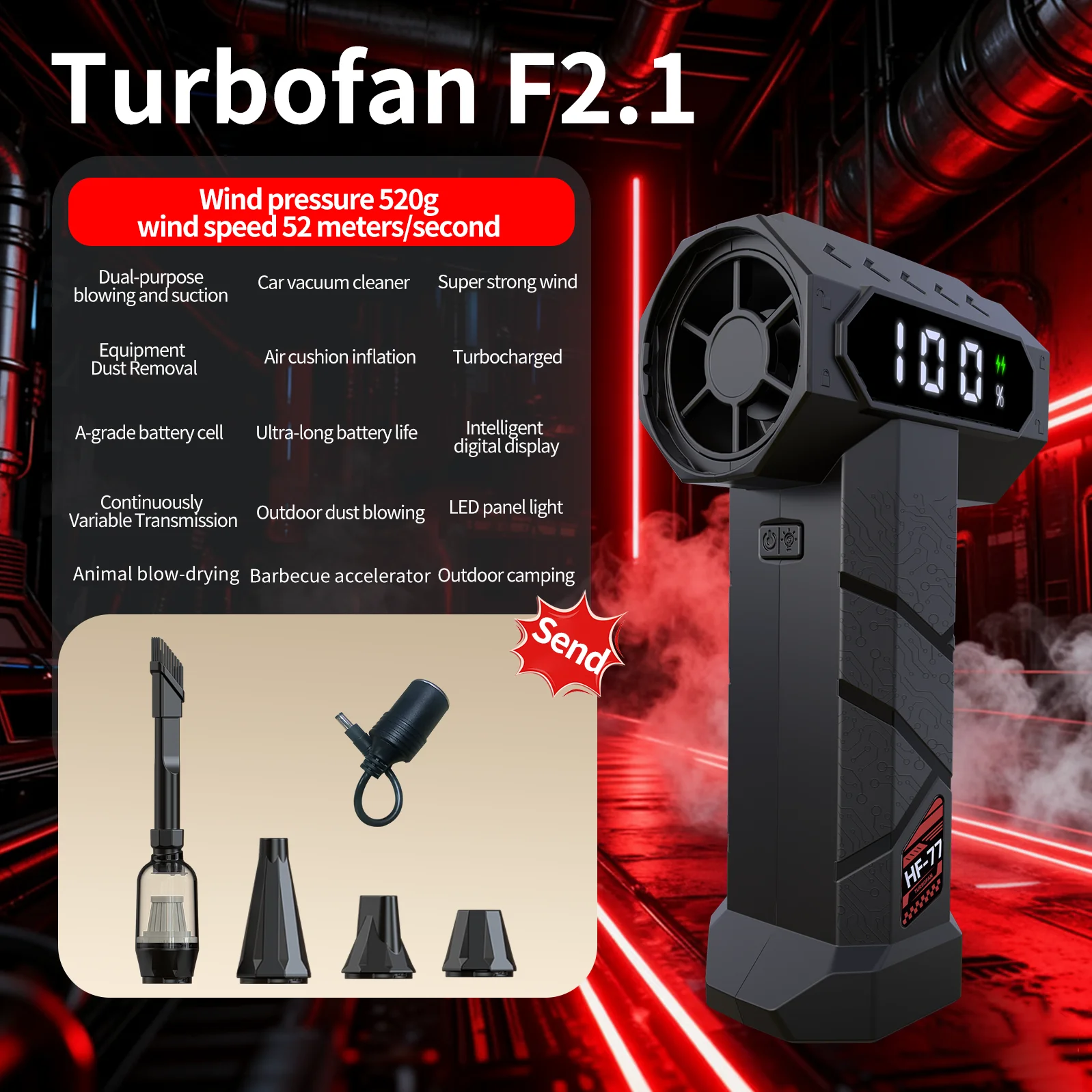 

Подувка с турбонаддувом, 130 000 об/мин, портативный пылесос с вентилятором высокой мощности, 40-ступенчатый двигатель, бесщеточный двигатель, очиститель для снежной пыли