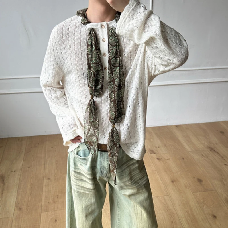 WTHT Fashion 2026 Summer Men's Lace Hollow Out Ribbon Casual T-shirts Trendy Long Sleeves O-neck Tops Male 2A3042