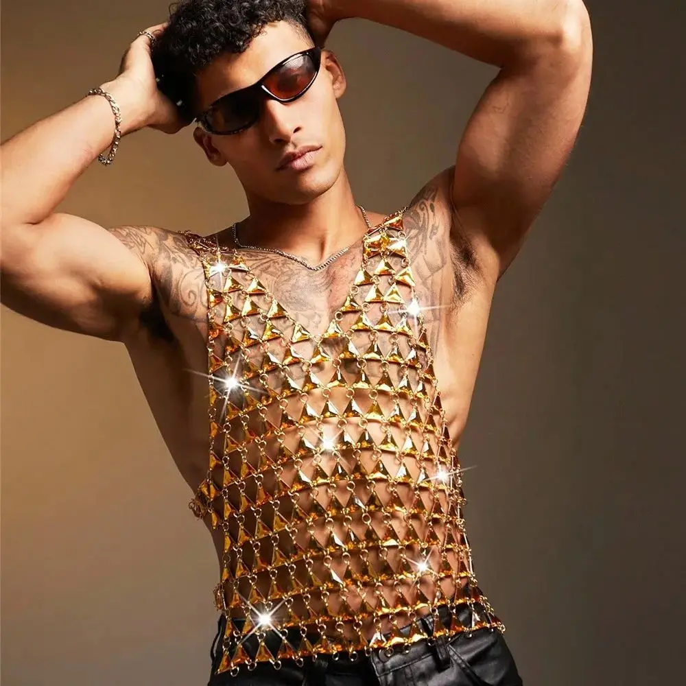 

Metal Chain-Stitch Men's Tank Top Sexy Backless Lace-Up Gemstone-Embellished Sheer Top New Metal Chain-Spliced Men's Tank Top