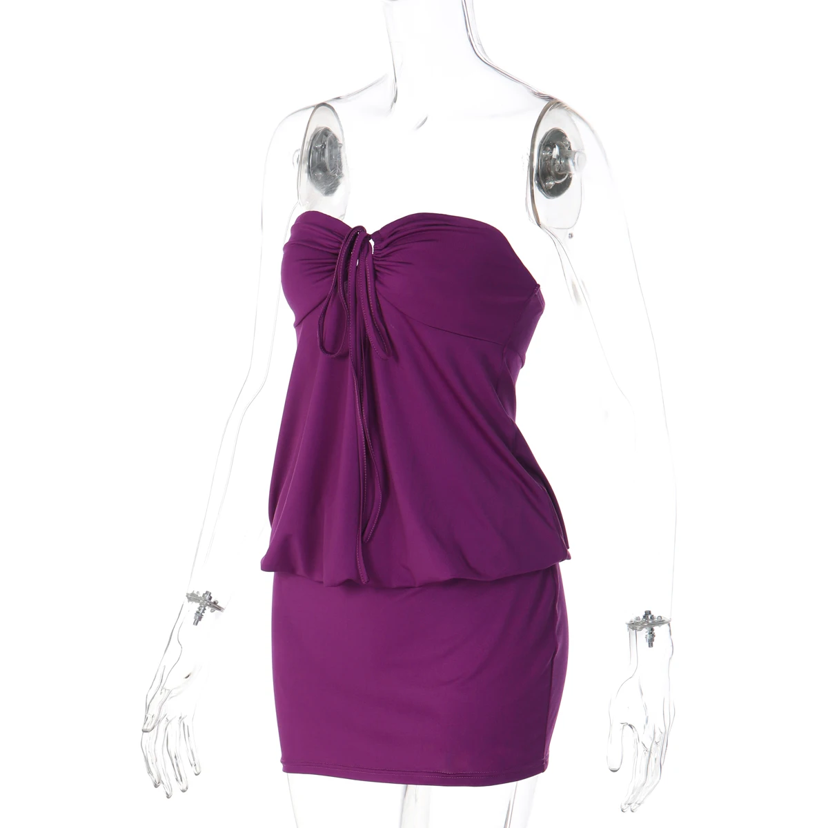 Hugcitar Damenmode, trägerloses Minikleid, einfarbig, mit Rüschen, Schnürung, gerüscht, sexy Sommerkleid, Sommer-Outfit, Strand, Urlaub, Party – Detail 3