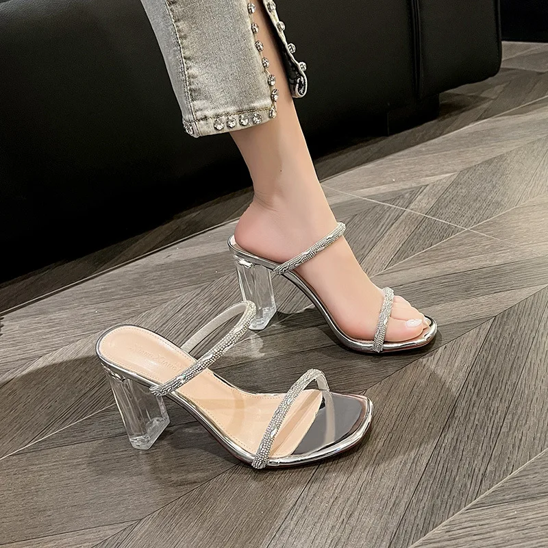 Size 32-43 Chunky Heels Rhinestone Open Toe Sandals High Heels Sandals For Women Summer Slippers (send Whitout Box)