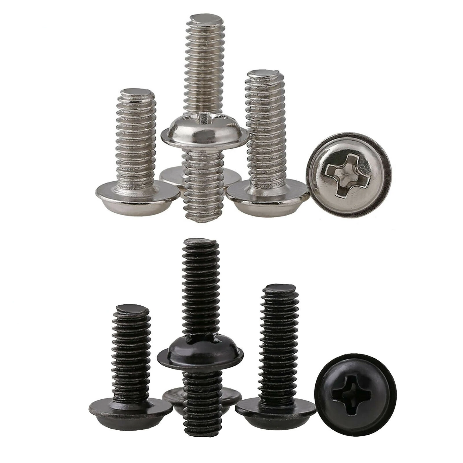 50pcs Black/Nickel Plated Stainless Steel Cross Recessed Round Head with Washer  Ring Screw Bolt M1.4/M1.7/M2/M2.5/M3/M3.5/M4
