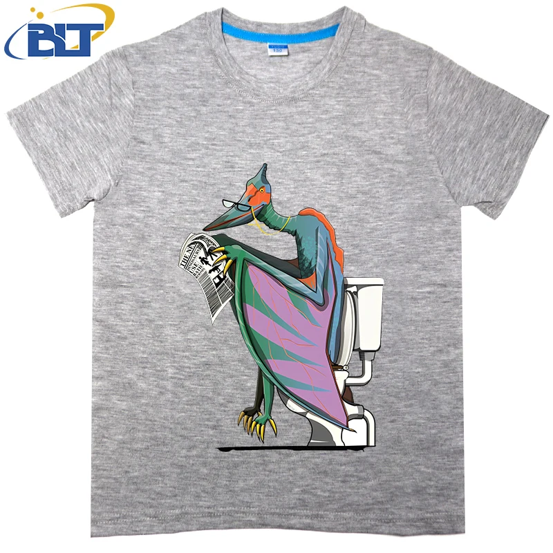 Top casual de manga curta de algodão estampado dinossauro, pterodáctilo no banheiro, adequado para meninos e meninas, crianças, verão