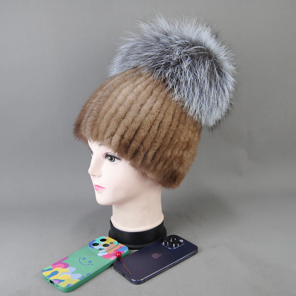 Real Mink Fur Hat For Women New Brand Thicken Female Fur Caps Ladies Winter Knitted Mink Fur Beanies With Fox Fur Pompoms Hat