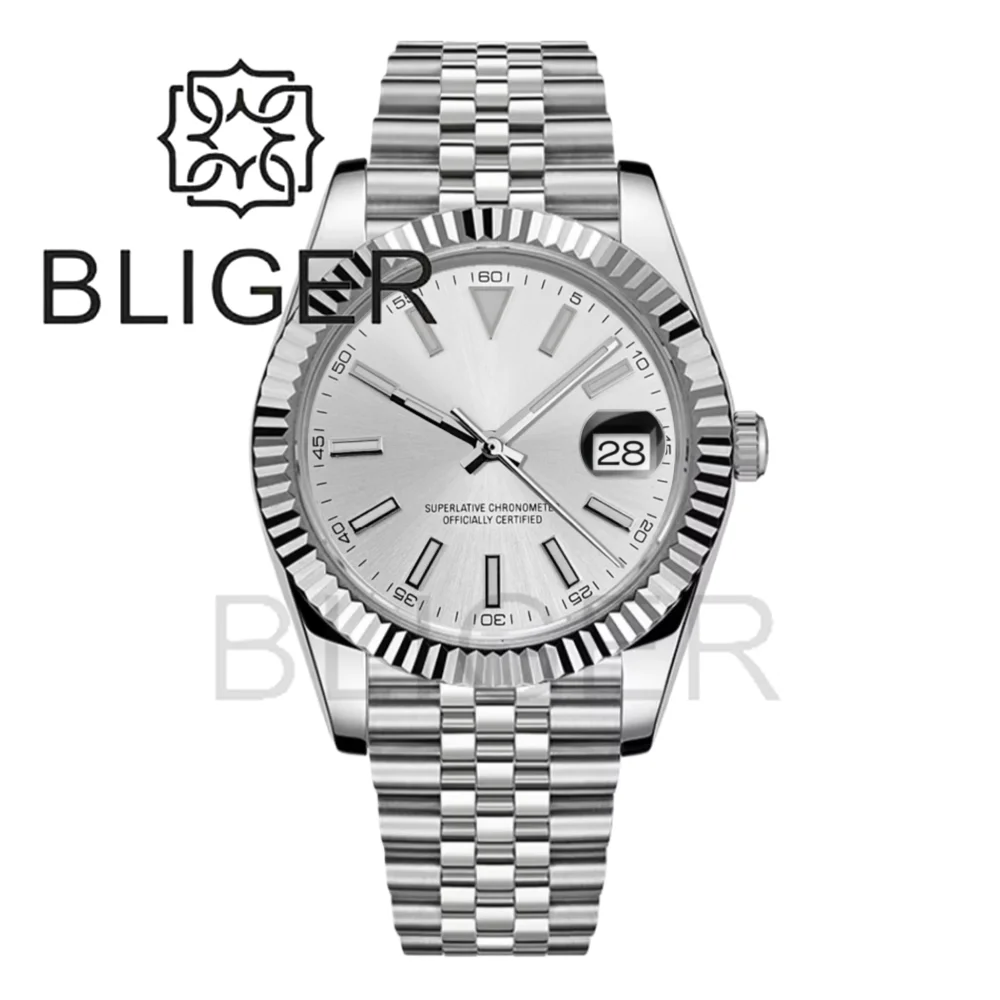 

BLIGER 36 мм/39 мм DJ часы для мужчин рифленый безель сапфировое стекло водонепроницаемая нержавеющая сталь Glidelock застежка светящийся циферблат с солнечными лучами