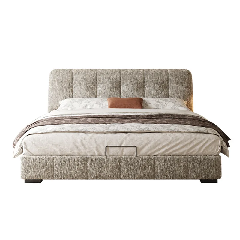 

Cream retro style master bedroom light luxury bed, Italian minimalist soft bag storage bed