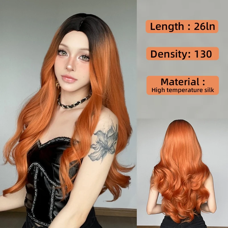 

Wig Full Head Set Medium Parted Big Wave Head Dyed Gradient Orange Long Curly Hair Netroots Daily Wig Sets