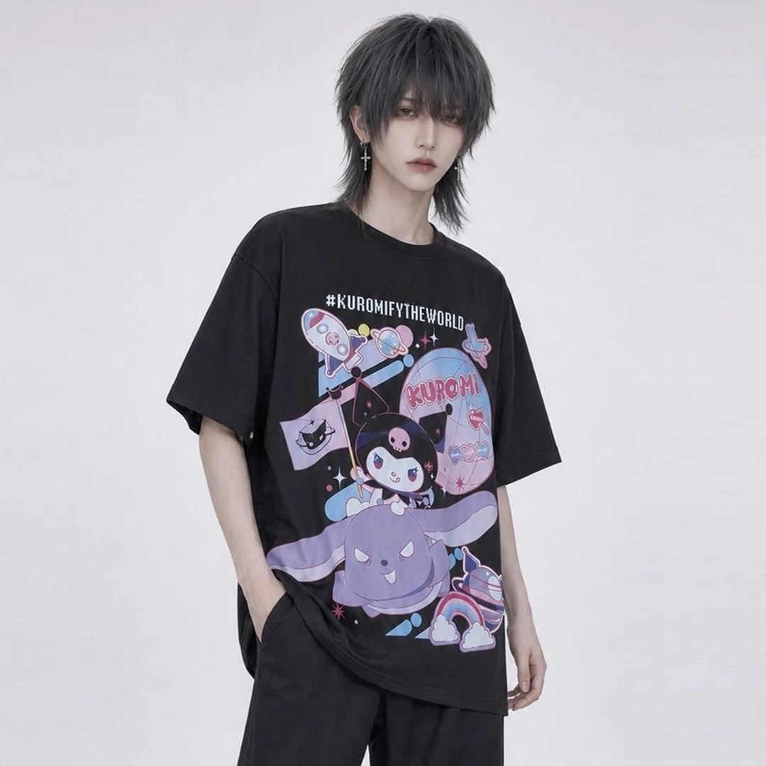 Kuromi T Shirt Kawaii Space Planet Print Rivet Chain Design Oversized Short Sleeve Unisex Harajuku Streetwear Tee