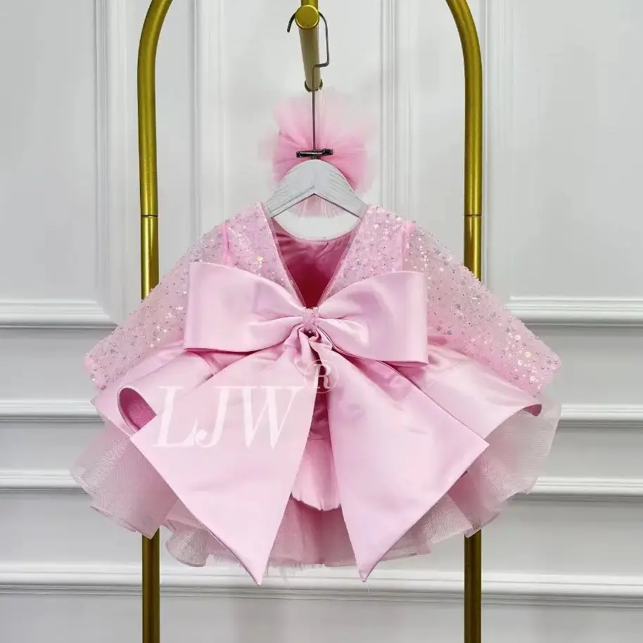 Elegant sequined long-sleeved dress birthday party dress V-neck bigbowknot Kids Christmas Ceremonial Dress toddler pageant dress