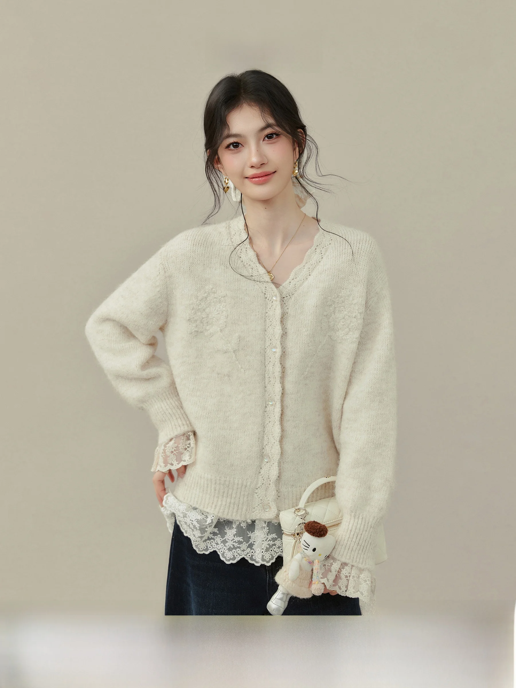 

Soft Sle Knitted V-Ne Sweater Coat for Plump Women with Floating Flower Painting Lace Trim Long Sve Winter Outerwear