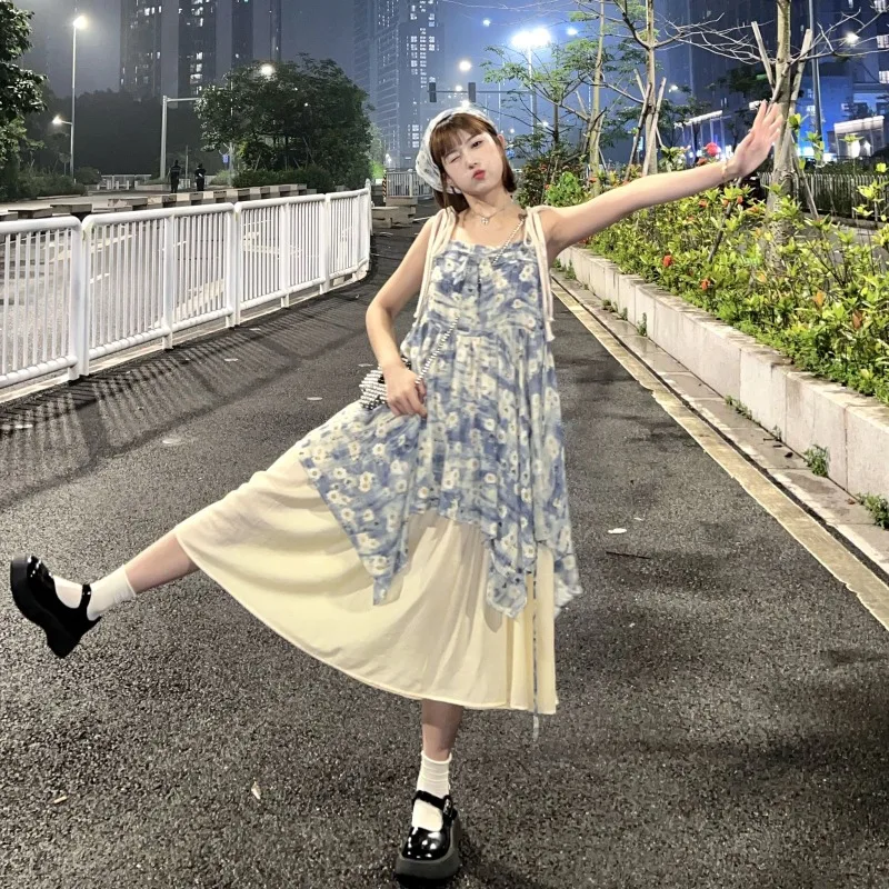 Sweet Prairie Chic Style Blue Floral Dress for Women Summer Irregular Contrast Adjustable Suspender Fashionable Long Dress