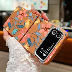 Flower Printed Leather Texture Soft TPU Case For Samsung Galaxy Z Flip7 FE Flip6 Flip5 Flip4 Flip 7 6 5 3 5G Folding Phone Cover