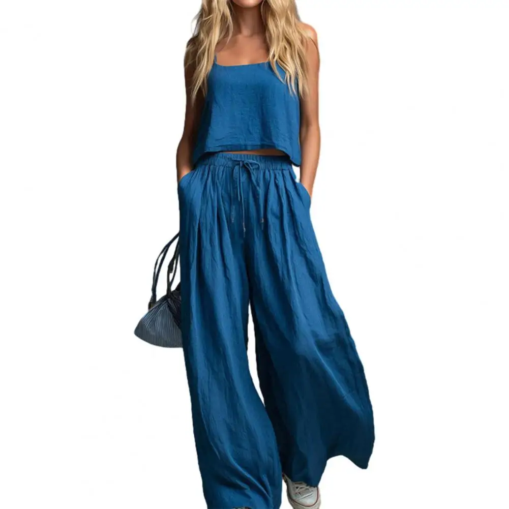 Women Two-piece Suit Versatile Women Wear Summer Two-piece Set for Women Crop Cami Top with Wide Leg Pants Lounge Matching
