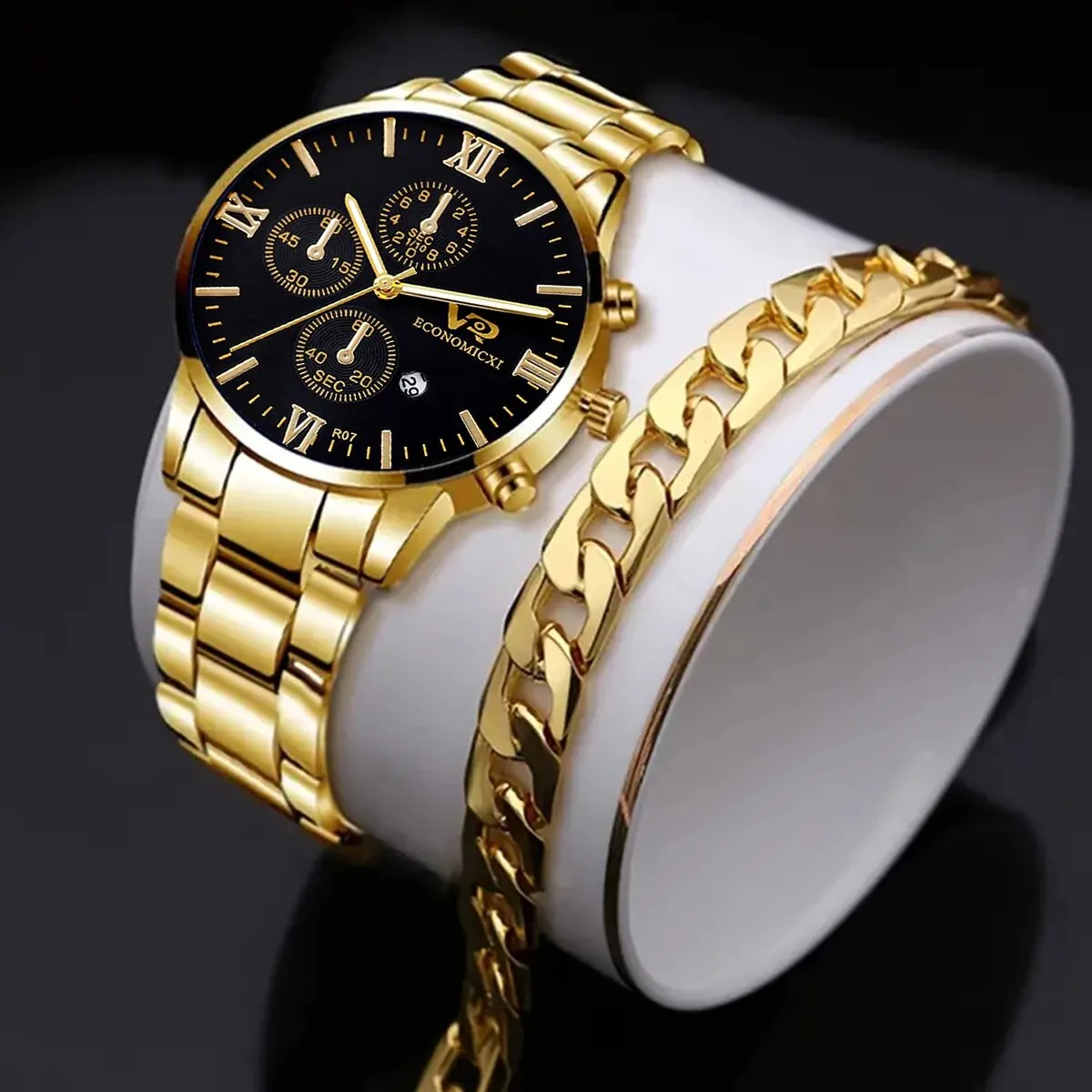 2Pcs Men's Fashion Business Casual Three Eyes Calendar Luminous Digital Steel Band Quartz Watch Alloy Bracelet Set