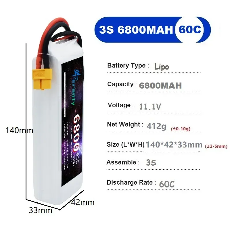 for 11.1V 6800mAh Lithium Battery for RC Airplane Fixed Wing Drone Helicopter Car Boat Model High Capacity Lipo Battery Pack