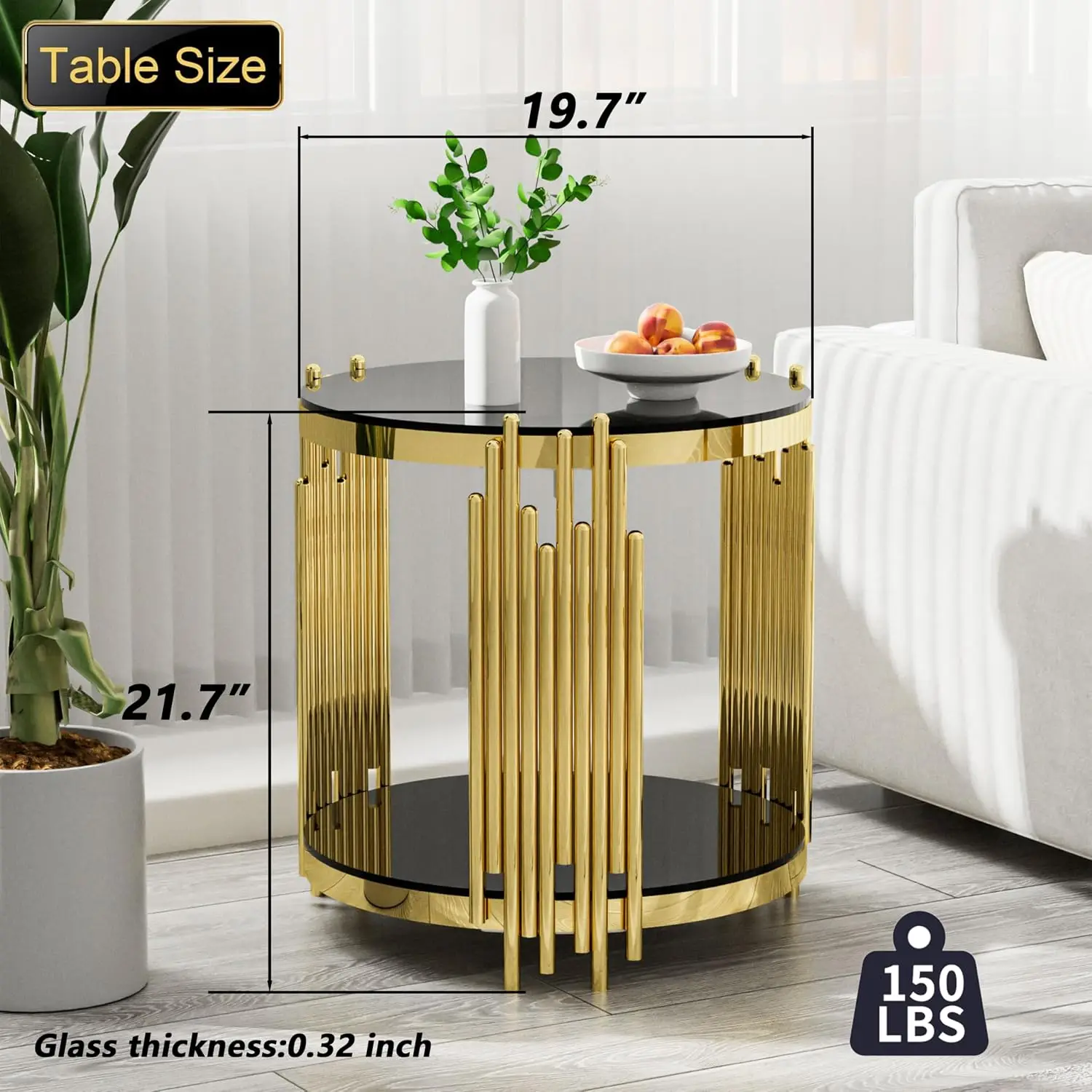 Luxury Gold Round Glass End Table Set of 2, 19.7