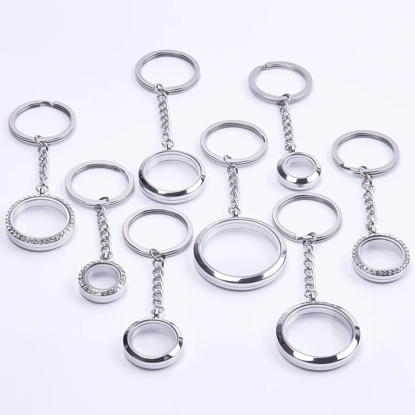 5Pcs/Lot 10-40mm Stainless Steel Men Glass Picture Reliquary Locket Pendant Keychain DIY Women Memory Medaillon Keyring Jewelry