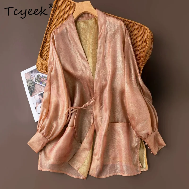 

Tcyeek 93.9% Real Mulberry Silk Woman Tops 2026 Summer Classical Lightweight Pink Hanfu Shawls Clothes for Woman Roupas Feminina