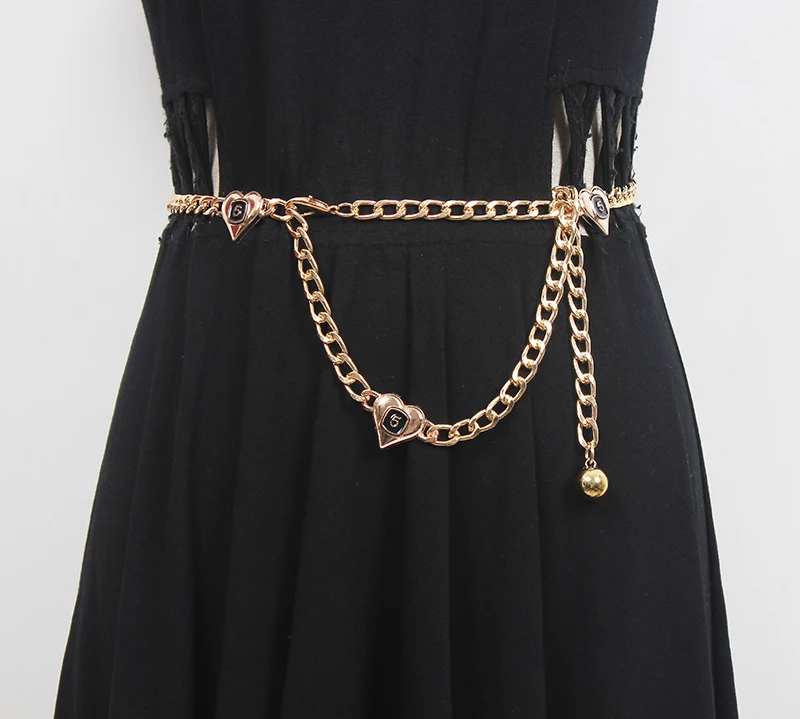 Women's Runway Fashion Heart Metal Chain Cummerbunds Female Dress Corsets Waistband Belts Decoration Narrow Belt R482