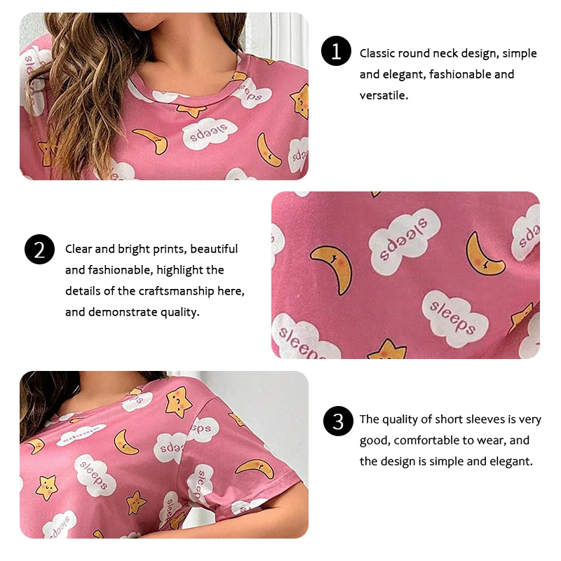 Womens Cartoon Pattern Print Nightgown Summer Short Sleeve Nightdress Loungewear Loose Breathable Sleepwear Home Clothes Pyjamas