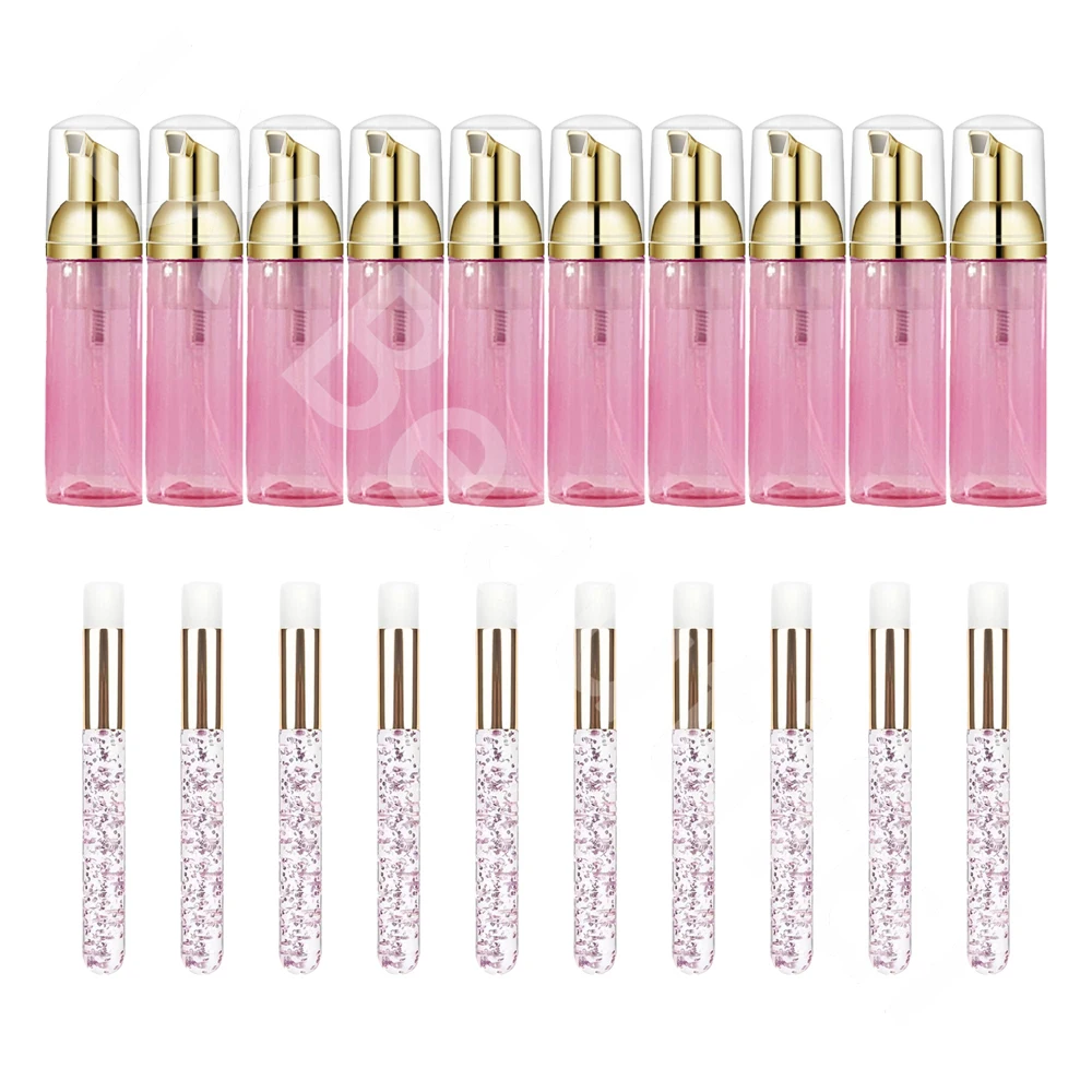 20Pcs Eyelash Cleaning Set 10pcs 60ML Empty Foam Pump Bottle 10pcs Eyelash Shampoo Brush Nose Brush Extended Care Makeup Tool