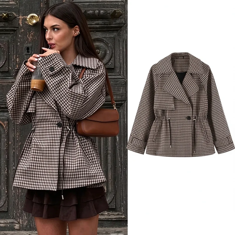 Ladies Elegant Plaid Short Trench Women Coat Top Classic Vintage Waist Lace-up Autumn Jacket Fashion Commute Lady Coat Female