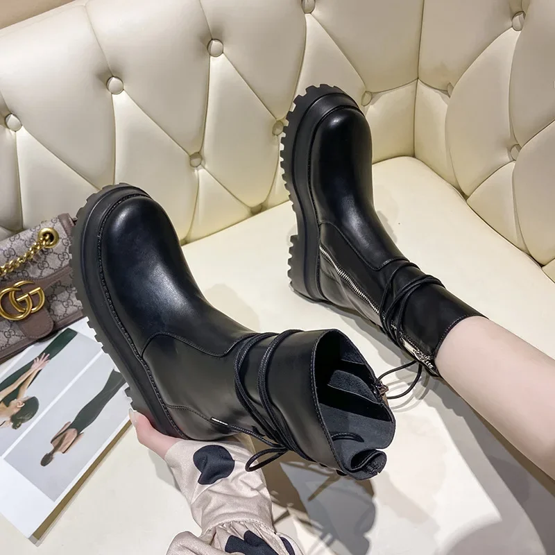 Soft Leather Thick Sole New Short Shoes Side Zipper Rider Boots Back Lace-Up Middle Zapatos De Mujer Platform Heels Goth Shoes