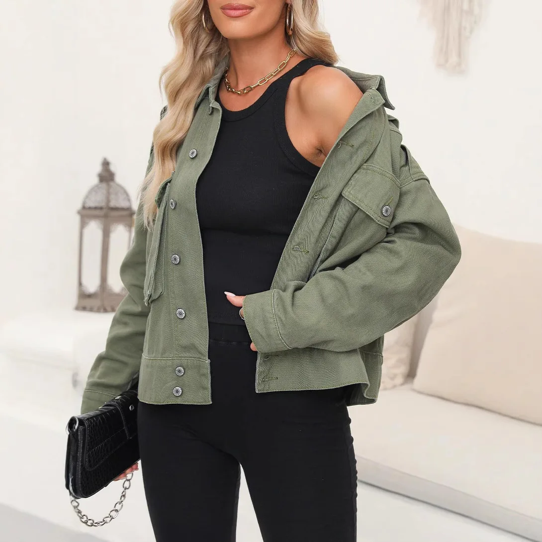 

Women Denim Cargo Coats Solid Jackets Pocket Long Sleeves Turn Down Collar Single Breasted Loose Fit Casual 2026 Autumn Winter