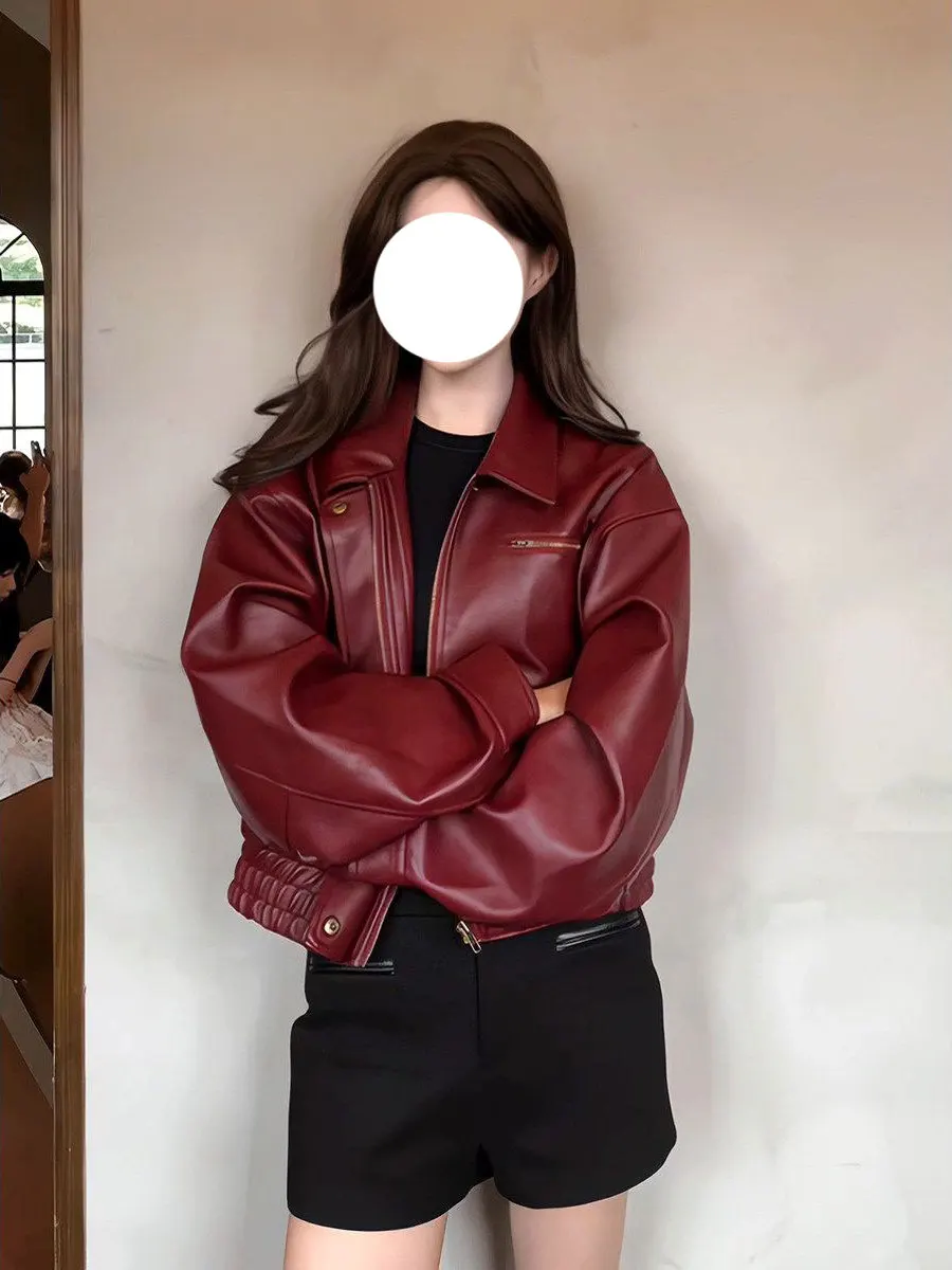 Retro American Sle ort Leather Jaet Women's Red Faionable Coat Korean Sle Zipper ket Novel Polyester Fiber