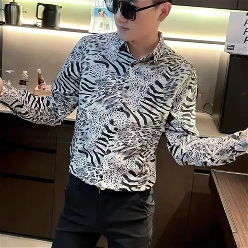 

Мужская новая винтажная рубашка с длинным рукавом с леопардовым принтом Y2K, модные гавайские облегающие полосатые рубашки, мужская дизайнерская одежда, сорочка Homme