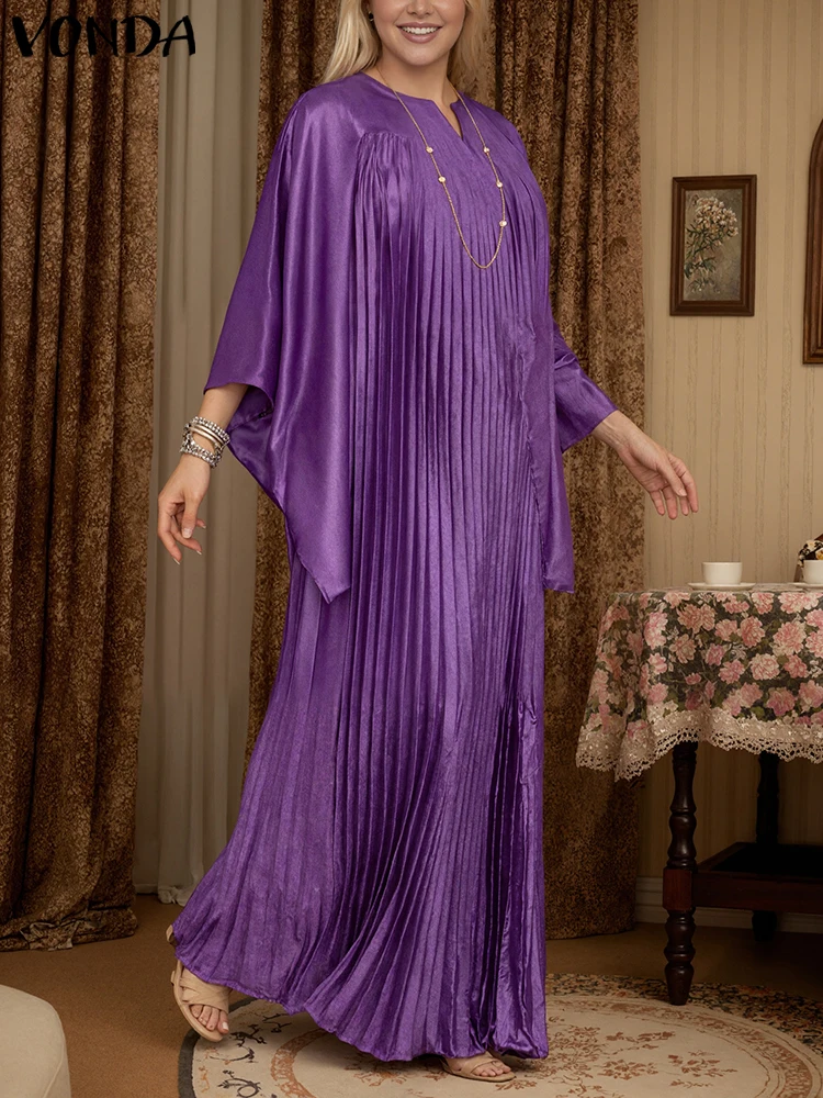 

Плюс размер 5XL VONDA Элегантное свадебное платье Осеннее женское плиссированное платье макси с длинными рукавами «летучая мышь» и рюшами Однотонное атласное длинное платье Vestidos