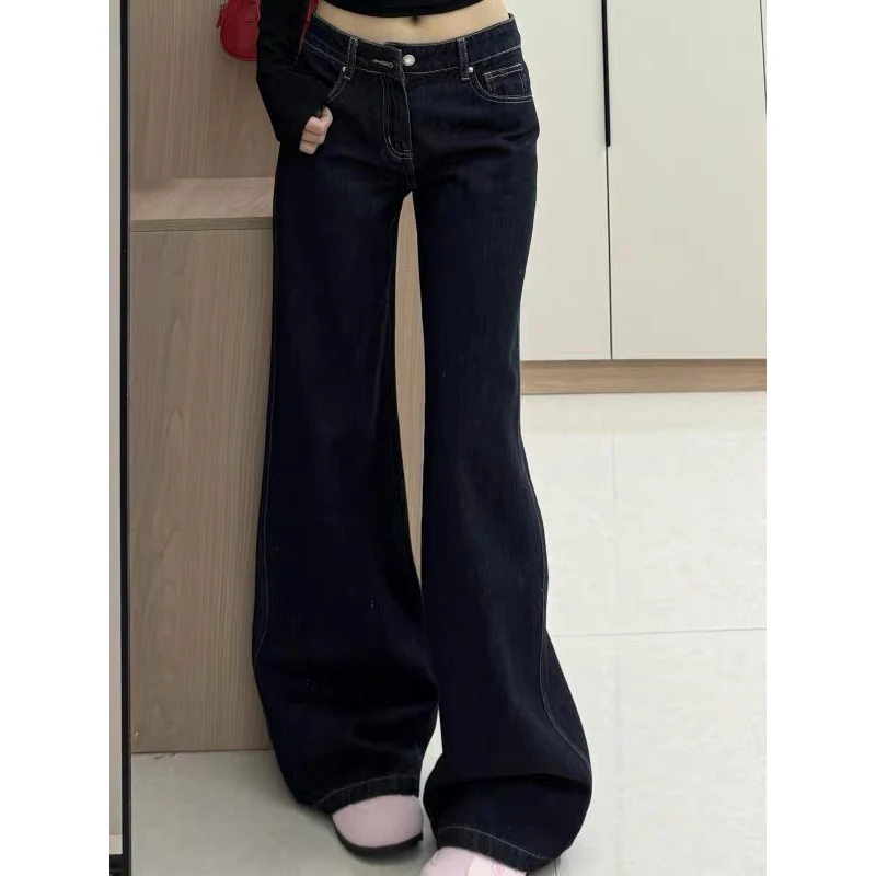 ZHIZOU レディース ローライズ フレア ジーンズ 原宿系 日本風 ヴィンテージ ギャル デニムパンツ アビ Y2K ベルボトム ハイストリート ダークブルー ジーンズ