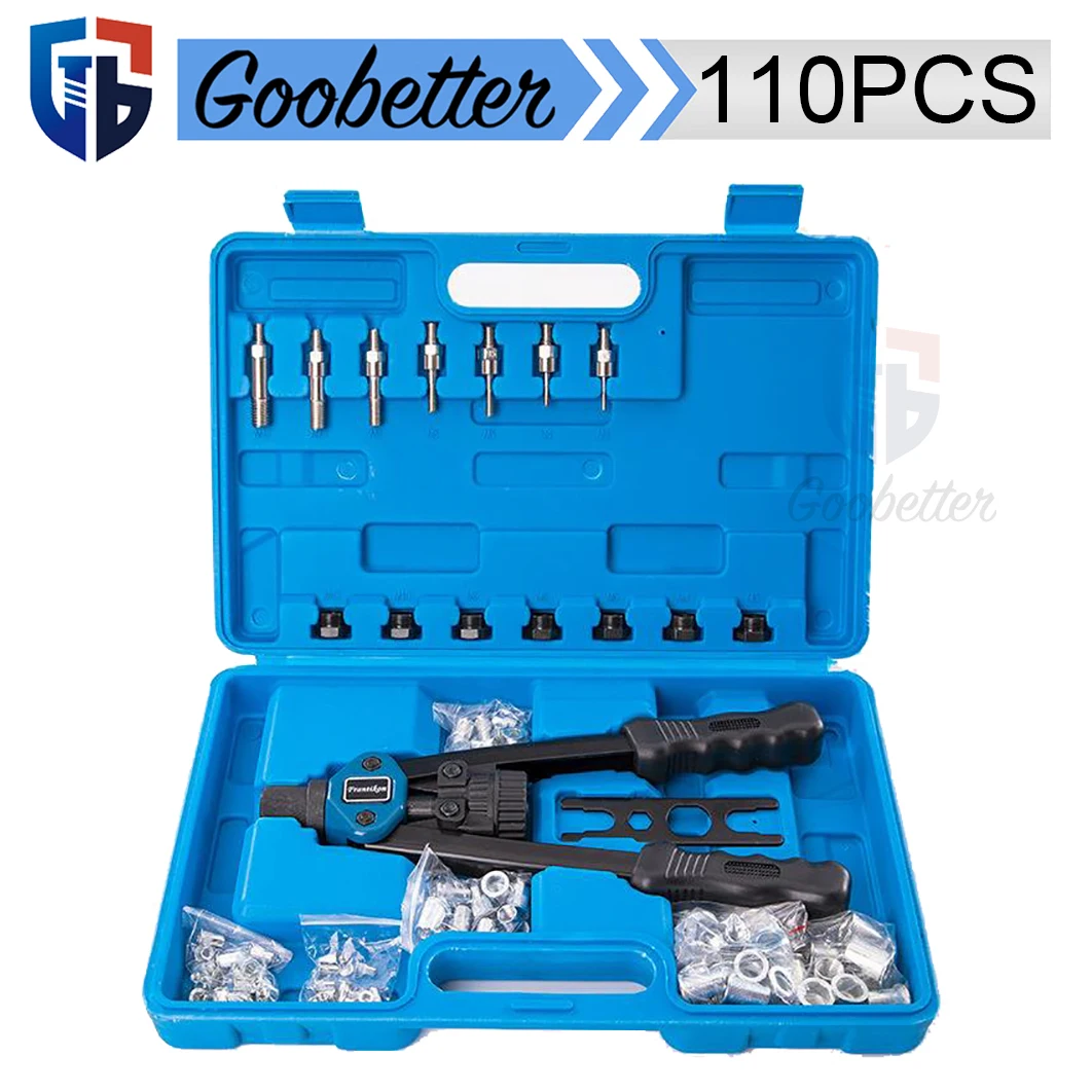 Pneumatic Tool Hand Rivet Nut Setter Kit M3 M4 M5 M6 M8 M10 M12 Rivet Nut Tool 110PCS Assortment Kit, Rugged Carrying Case