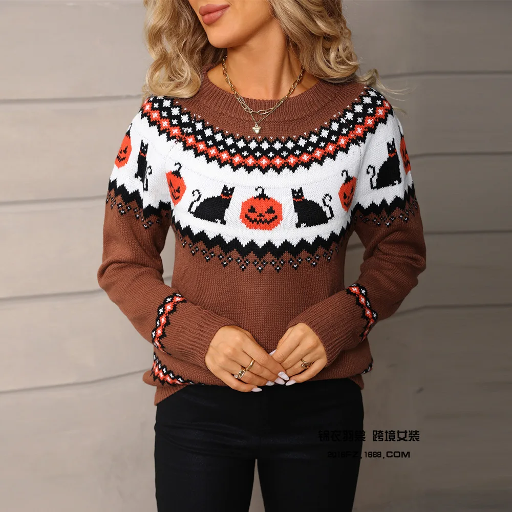 

Halloween Women Knitted Pullovers Jumpers Jacquard Sweaters O Neck Long Sleeve Loose Fit Office Lady Casual 2025 Autumn Winter