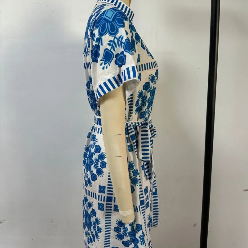 2025 Wzór Nadruk Retro Bohemian Sukienka Letnia Casualowa Sznurowana Koszula Biurowa Sukienka Elegancka Sukienka Damska z Krótkim Rękawem V Neck