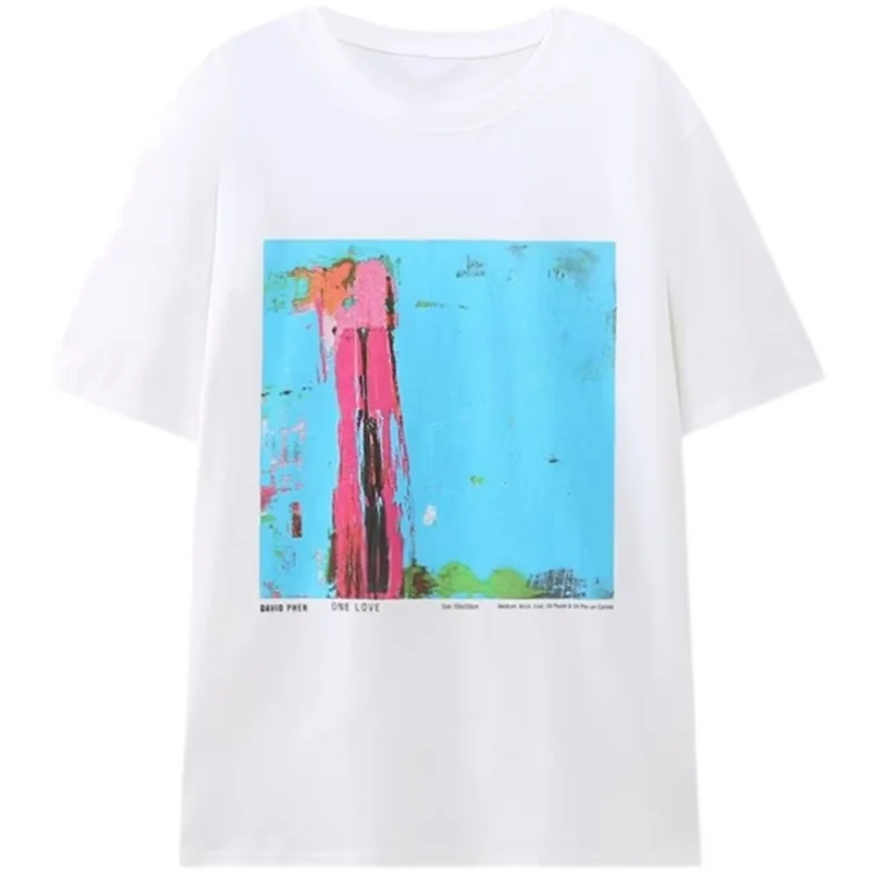 유행하는 반팔 프린트 티셔츠 여성 여름 신상 2023 라운드넥 독창적인 패턴 출퇴근 스타일 레귤러 길이