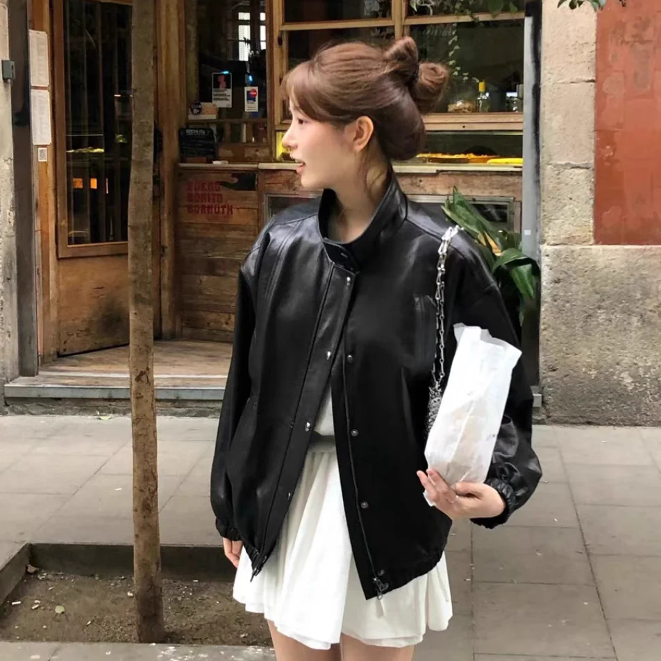 Retro Loose Pure Color Stand Collar Zipper Leather Jaet Simple Elegance Spring 2025 New Arrival Women's Faion Outerwear